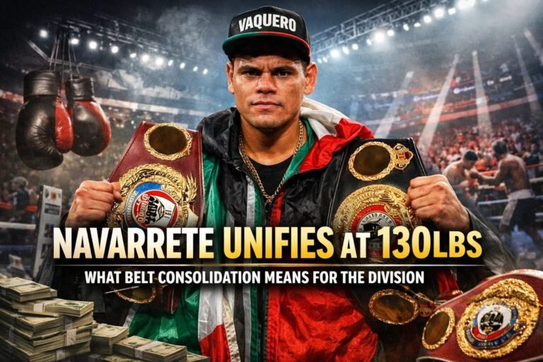 Emanuel Navarrete holding multiple super-featherweight world title belts in the ring after unifying at 130lbs