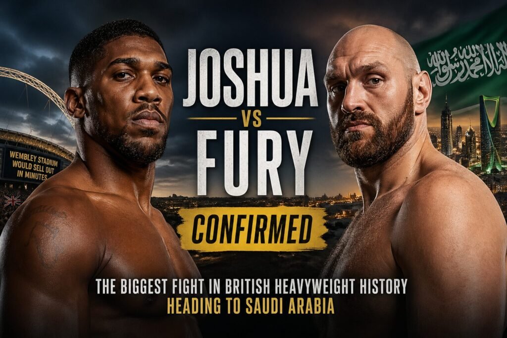Anthony Joshua and Tyson Fury face off in a dramatic split-scene poster with Wembley Stadium on one side and Riyadh skyline on the other, highlighting their confirmed heavyweight fight in Saudi Arabia