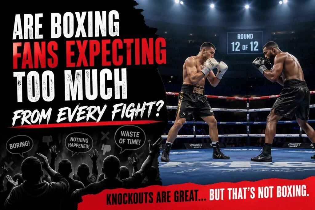 Boxing match in final round with two fighters trading cautiously while crowd reacts, highlighting debate around boxing fan expectations and knockout culture