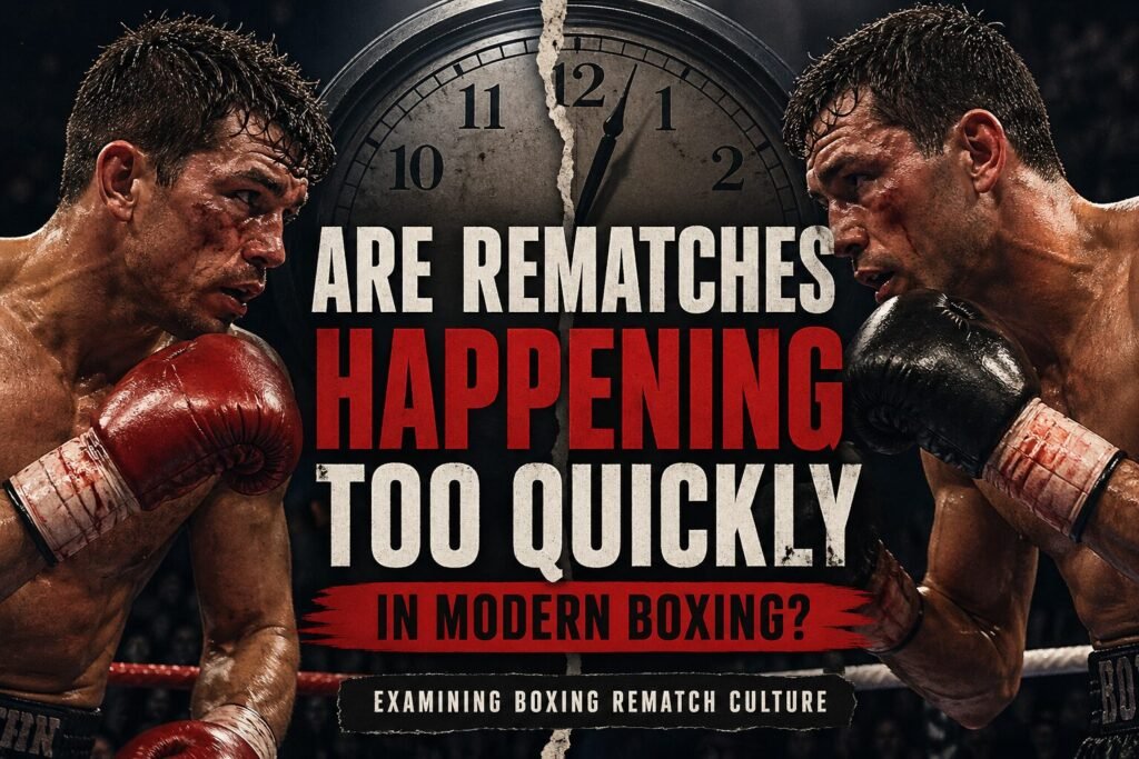 Two battered boxers face off in a ring under a large clock backdrop, symbolising time pressure, with bold text reading “Are Rematches Happening Too Quickly in Modern Boxing?”