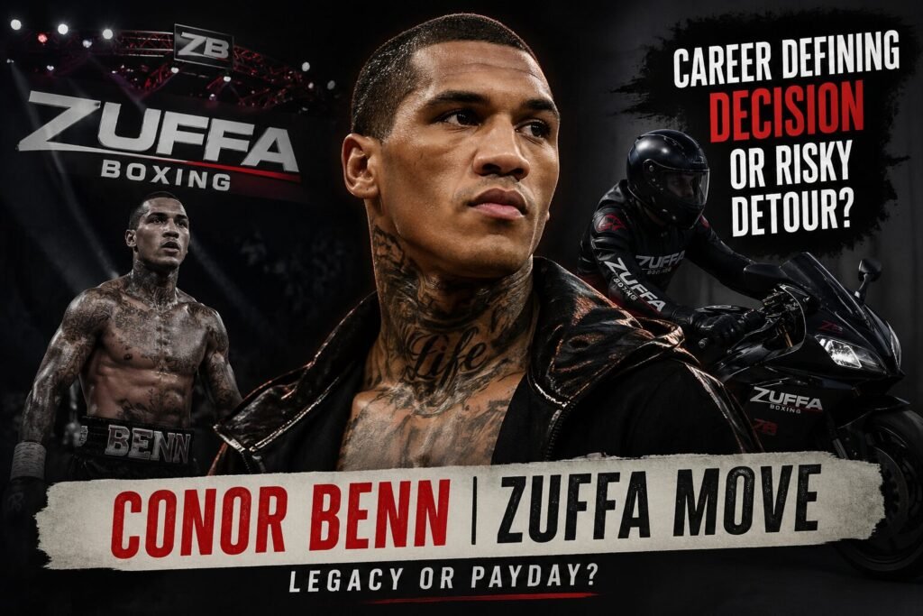 Conor Benn Zuffa Boxing poster showing Benn in the ring and alongside Zuffa branding, highlighting his career move and questioning whether it is a legacy-defining decision or risky detour