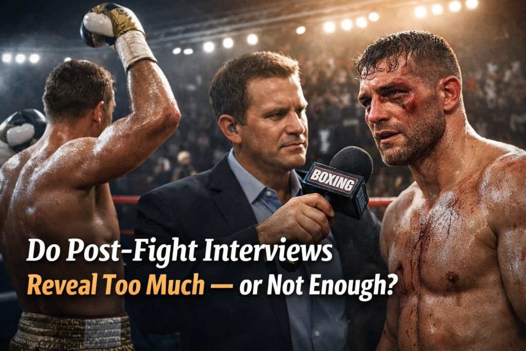 Boxer being interviewed after a fight with visible damage as a reporter holds a microphone during a boxing post fight interview