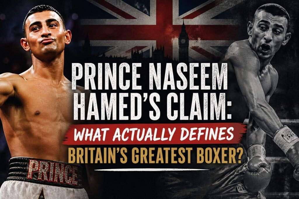 Prince Naseem Hamed portrait and action shot with Union Jack background and headline questioning Britain’s greatest boxer debate
