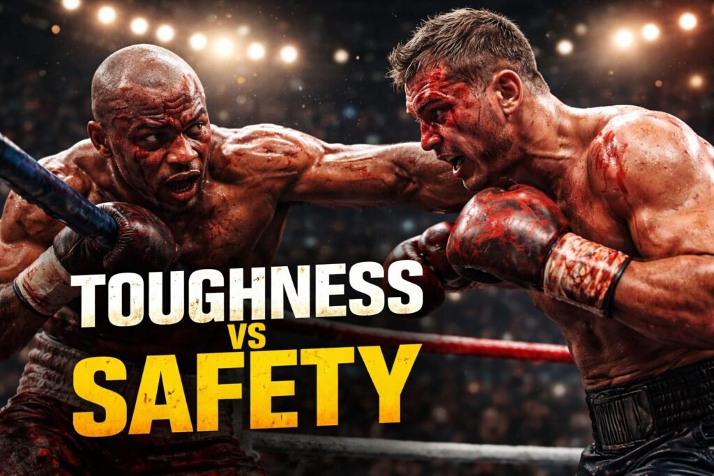 Two battered boxers exchange punches in a brutal fight, highlighting the debate around boxing toughness vs safety