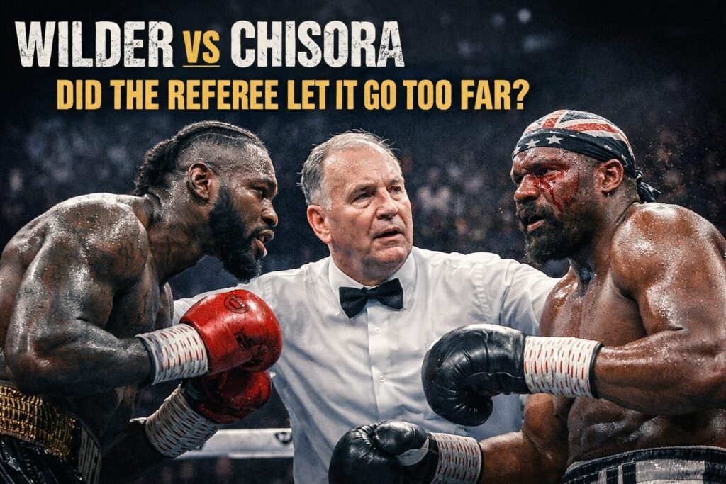 Deontay Wilder and Derek Chisora in a dramatic ringside moment as the referee steps in during a brutal heavyweight exchange
