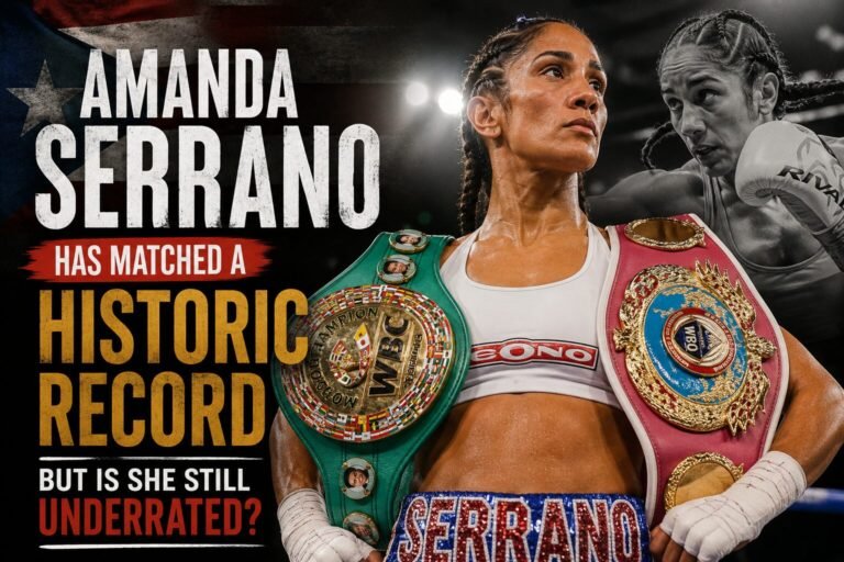 Amanda Serrano poses with multiple world championship belts after equalling Christy Martin’s professional women’s boxing knockout record, with bold text asking whether she remains underrated despite her historic achievement.