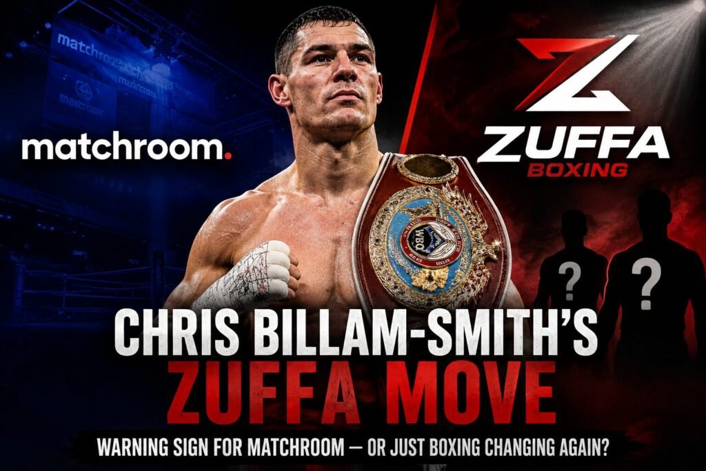 Chris Billam-Smith pictured between Matchroom and Zuffa Boxing branding as the article explores the changing power structure in British boxing.