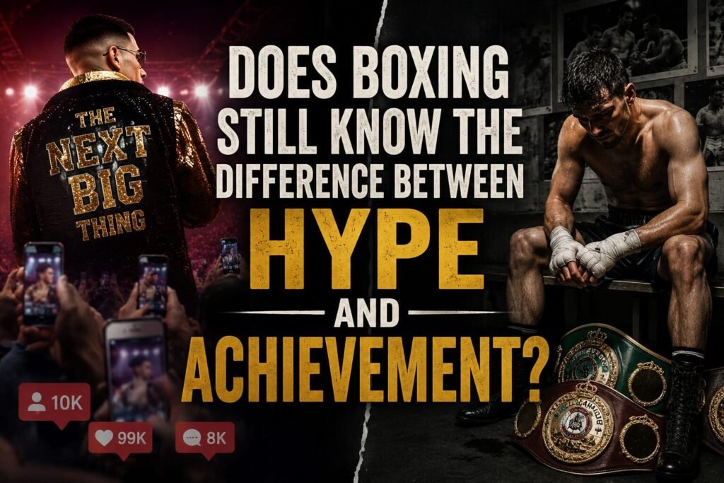 Boxing feature image showing the contrast between hype and achievement in modern boxing, with a flashy social media star on one side and a battle-worn champion sitting with title belts on the other.