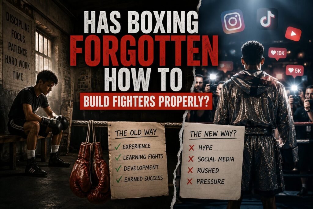 Young boxing prospect sitting alone in an old-school gym contrasted against a modern fighter surrounded by cameras and social media attention, representing the debate around modern boxing prospect development and whether boxing still develops fighters properly.