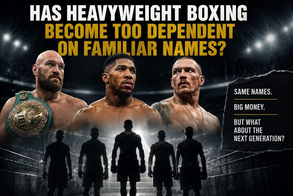 Heavyweight boxing feature image showing Tyson Fury, Anthony Joshua and Oleksandr Usyk above a group of shadowed young fighters under arena lights with the headline asking whether boxing has become too dependent on familiar names.