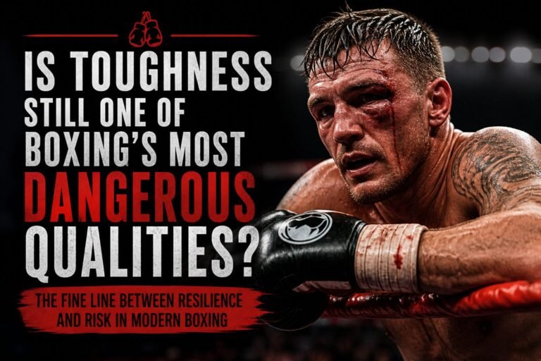 Battle-worn boxer leaning on the ropes with a bloodied face under bright lights, highlighting the risks of toughness in boxing