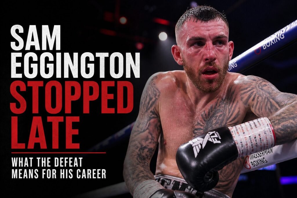 Sam Eggington exhausted and hurt against the ropes during a late stoppage defeat, highlighting the physical toll of his aggressive fighting style