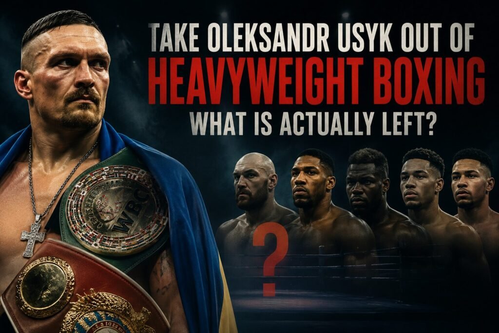 Oleksandr Usyk standing with heavyweight championship belts beside a shadowed lineup of heavyweight contenders under the headline “Take Oleksandr Usyk Out of Heavyweight Boxing — What Is Actually Left?”