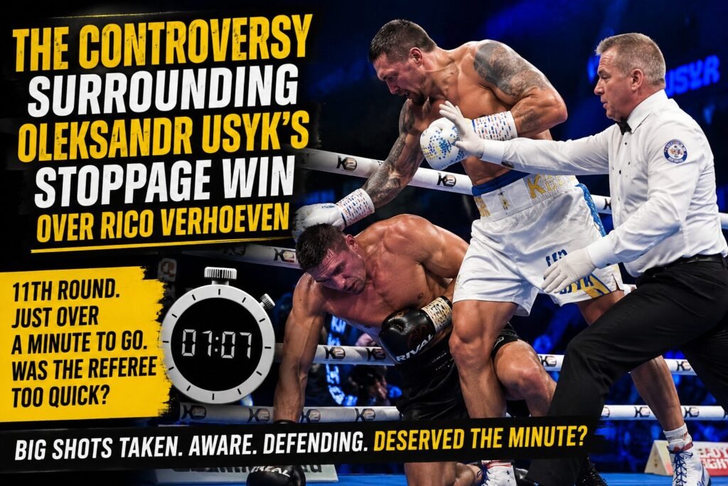 Oleksandr Usyk attacks Rico Verhoeven during the controversial eleventh-round stoppage as the referee steps in during their heavyweight boxing fight.
