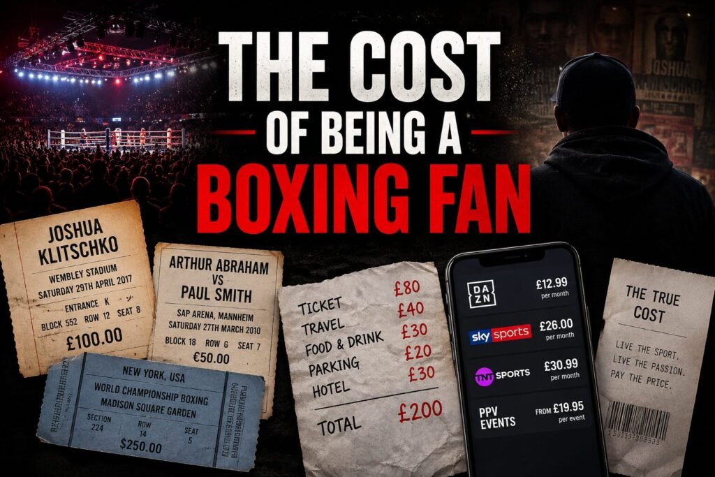 Boxing arena packed with fans alongside old fight tickets, streaming subscription costs, and travel expenses highlighting the rising cost of being a boxing fan in Britain.