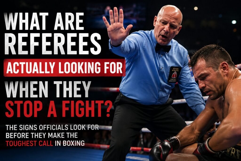 Referee stopping a heavyweight boxing fight while checking on a hurt fighter during a controversial ringside stoppage.