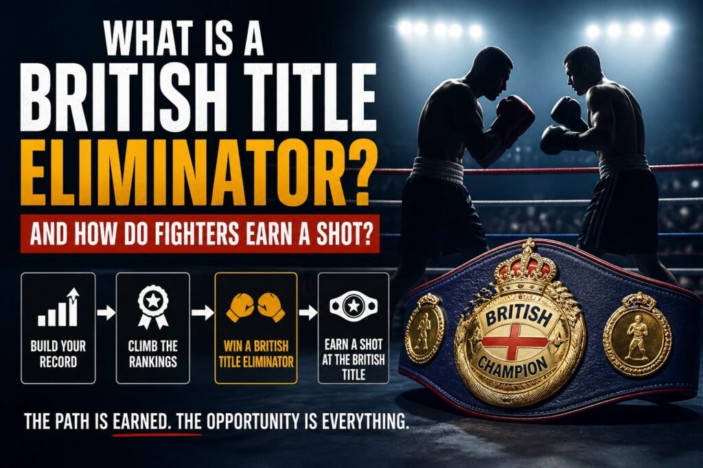 British boxing ring scene showing two fighters facing off with a British championship belt in the foreground and text highlighting the pathway through a British title eliminator in boxing