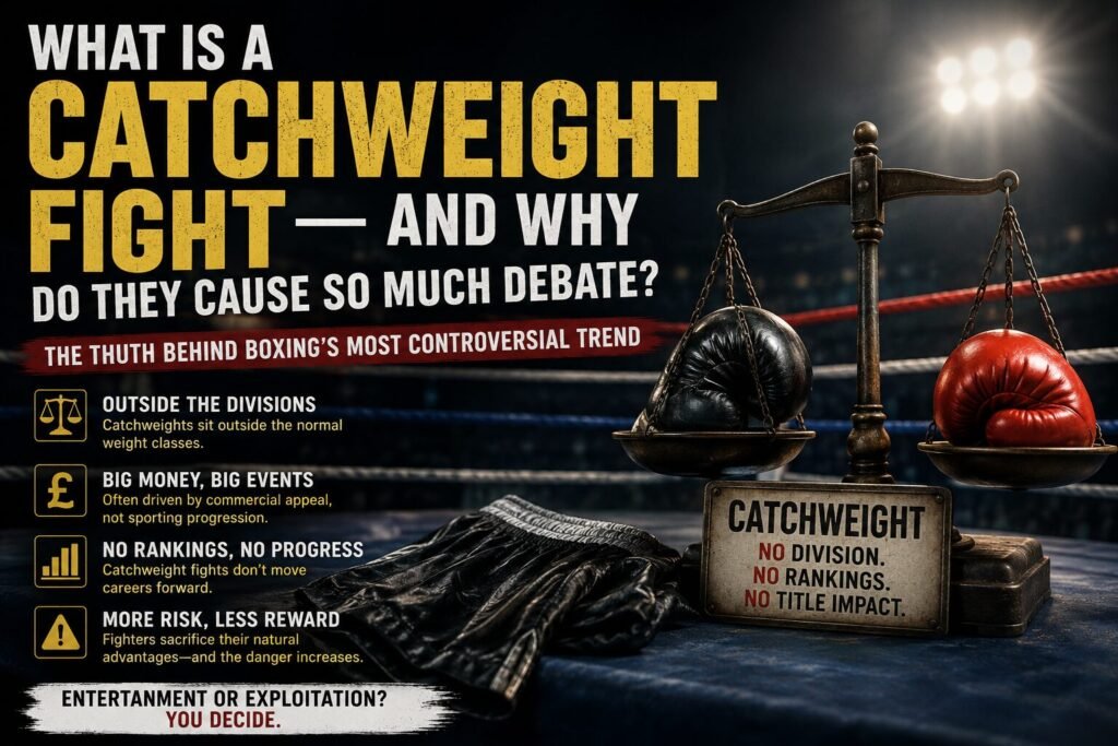 Boxing catchweight explained graphic featuring a boxing ring, weighing scales with boxing gloves, and bold text discussing why catchweight fights cause debate in modern boxing.