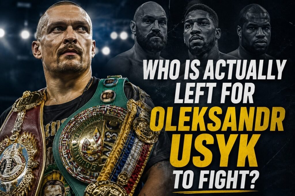 Oleksandr Usyk holding multiple heavyweight championship belts with Tyson Fury, Anthony Joshua and Daniel Dubois in the background alongside the headline asking who is left for Usyk to fight.