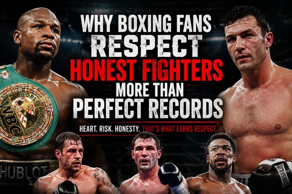 Boxing feature image showing Floyd Mayweather, Joe Calzaghe and other respected fighters alongside bold text reading “Why Boxing Fans Respect Honest Fighters More Than Perfect Records