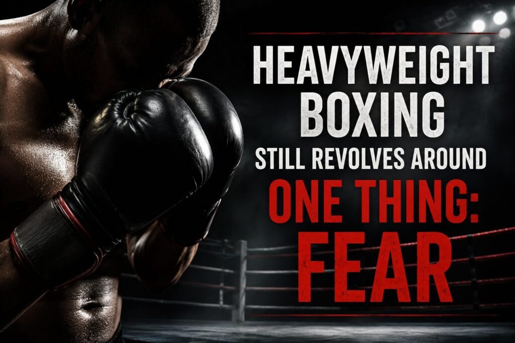Heavyweight boxer standing defensively in a dark boxing ring with dramatic lighting and the words “Heavyweight Boxing Still Revolves Around One Thing: Fear