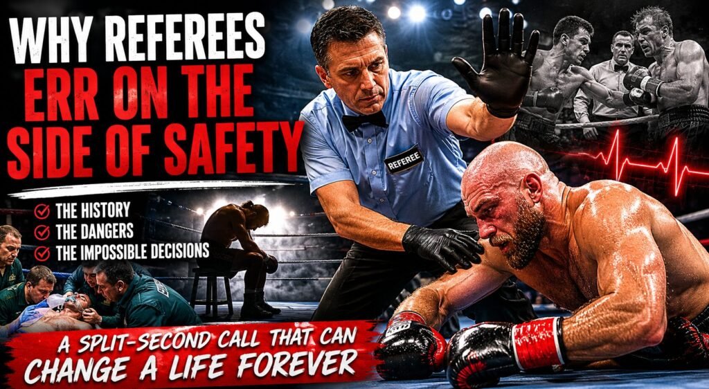 Boxing referee stepping in to stop a heavyweight fight while injured fighters and historic boxing moments appear in the background, representing modern boxing referee safety and controversial stoppages.