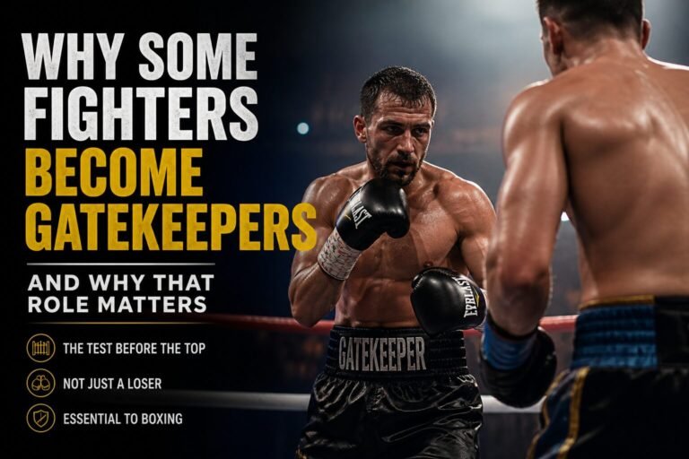 Boxers facing off in a professional ring under bright lights, representing the boxing gatekeeper role and the challenge of breaking into elite level competition