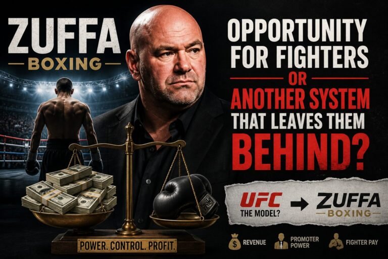 Zuffa Boxing fighter pay concept showing promoter control vs fighter earnings with boxing gloves and money scales
