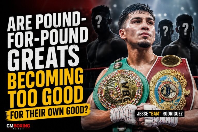 Jesse Bam Rodriguez holding world title belts with shadowy opponents in the background illustrating whether pound-for-pound greatness can make finding elite fights more difficult.
