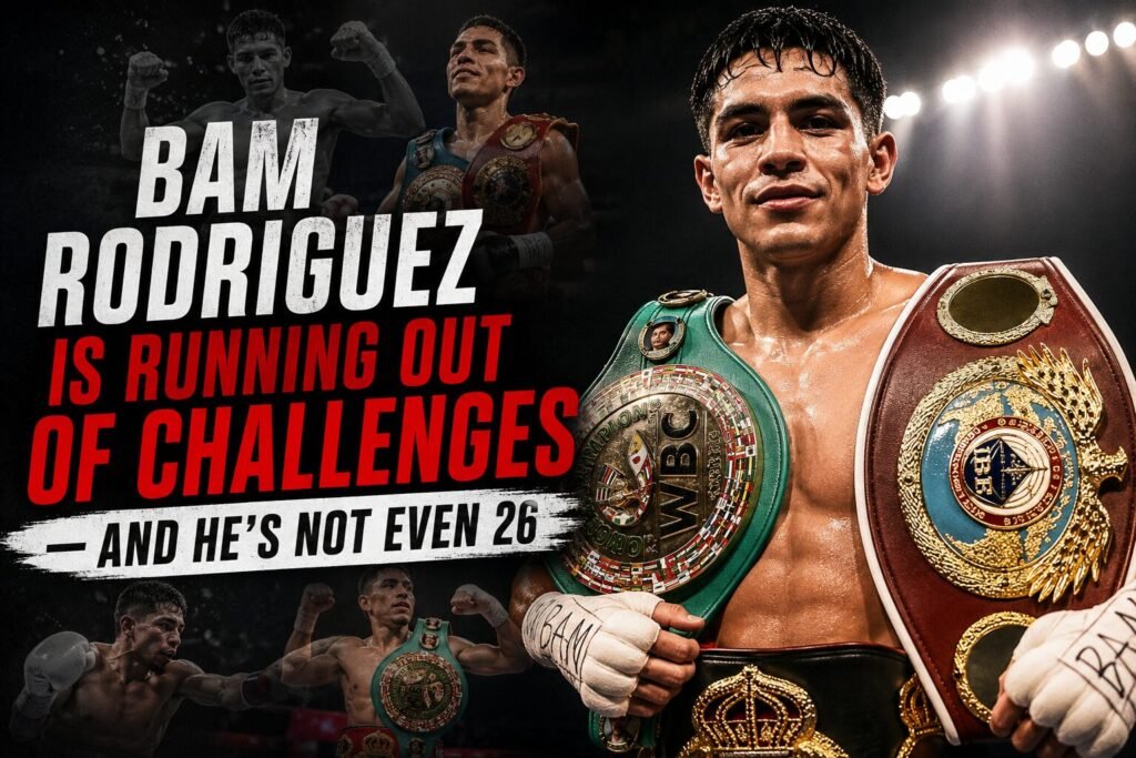 Jesse “Bam” Rodriguez celebrating with world championship belts after becoming a three-weight world champion, highlighting his growing pound-for-pound status in boxing.