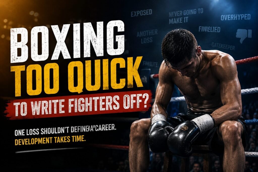 Dejected boxer sitting alone on a stool in a boxing ring after defeat while criticism and labels surround him, illustrating the pressures of boxing fighter development and the sport’s tendency to write fighters off after one loss.