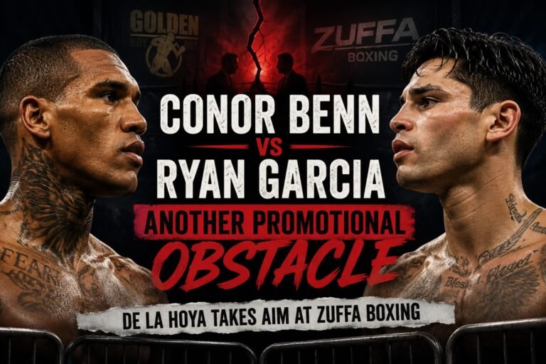 Conor Benn and Ryan Garcia face each other in a dramatic promotional image surrounded by caution tape and references to boxing politics, contracts and rival promoters, highlighting the obstacles preventing one of boxing’s biggest fights.