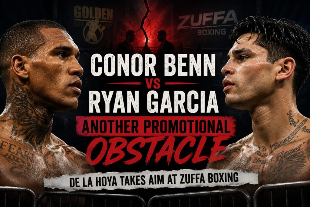 Conor Benn and Ryan Garcia facing off in a dramatic promotional image highlighting the latest obstacle to a potential fight, with Golden Boy and Zuffa Boxing branding in the background.