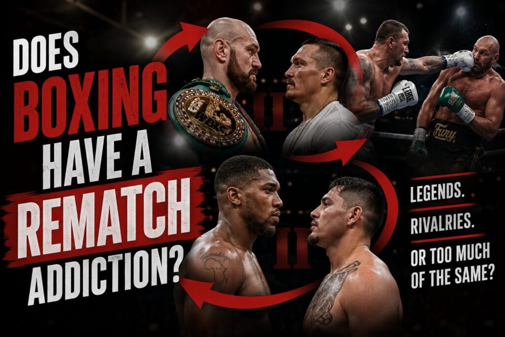 Graphic exploring boxing rematches featuring rival fighters facing each other with arrows symbolising repeat fights and the question of whether boxing has become too reliant on rematches.