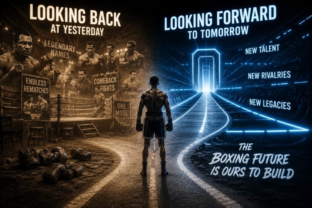 Boxer standing at a crossroads between boxing’s past and future, with images representing rematches and comeback fights on one side and new stars and rivalries on the other, illustrating the debate over the future of boxing.