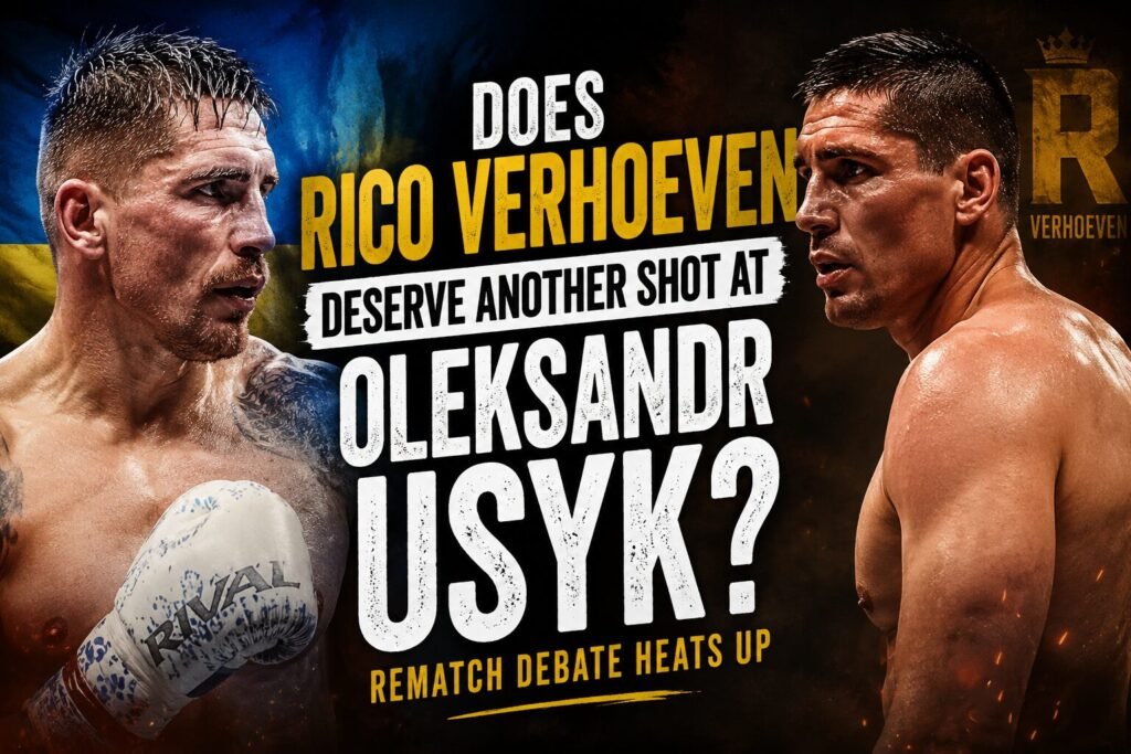 Feature image showing Oleksandr Usyk and Rico Verhoeven facing each other with bold text asking whether Verhoeven deserves another shot at the heavyweight champion following their controversial first fight.