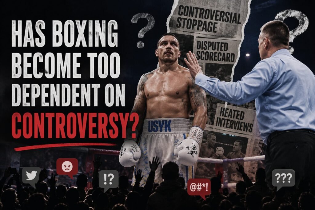 Boxing controversy graphic showing a referee stopping a heavyweight fight while fans react online, with headlines referencing disputed scorecards, controversial stoppages and heated post-fight debates.