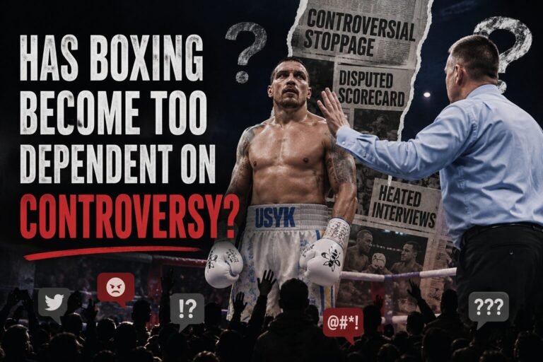 Boxing controversy graphic showing a referee stopping a heavyweight fight while fans react online, with headlines referencing disputed scorecards, controversial stoppages and heated post-fight debates.