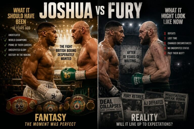 Split-screen illustration showing the contrast between the Joshua Fury fight that British boxing fans wanted years ago and the reality after years of delays, featuring Anthony Joshua and Tyson Fury facing off in a fantasy versus reality theme.