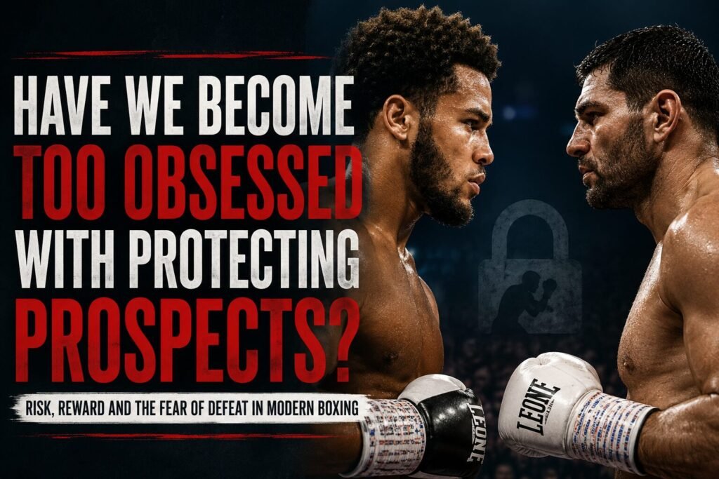 Moses Itauma and Filip Hrgovic face each other in a dramatic boxing-themed graphic exploring whether modern boxing prospects are being protected too much and the growing obsession with undefeated records.