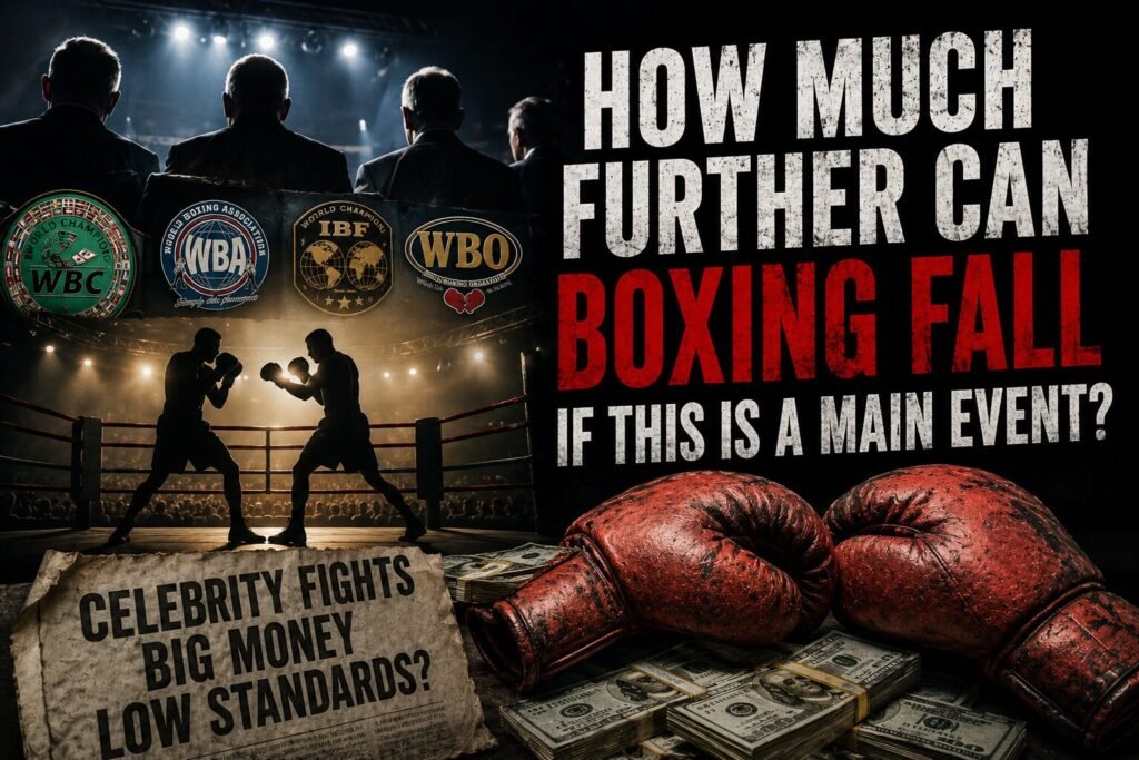 Dark editorial-style boxing image showing a ring under bright lights alongside money, gloves and references to celebrity fights, illustrating concerns about the direction of modern boxing and the rise of Misfits Boxing.