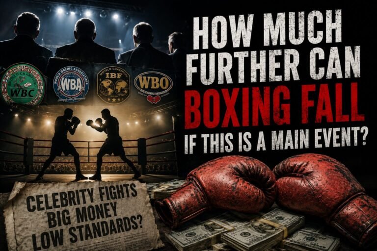 Dark editorial-style boxing image showing a ring under bright lights alongside money, gloves and references to celebrity fights, illustrating concerns about the direction of modern boxing and the rise of Misfits Boxing.