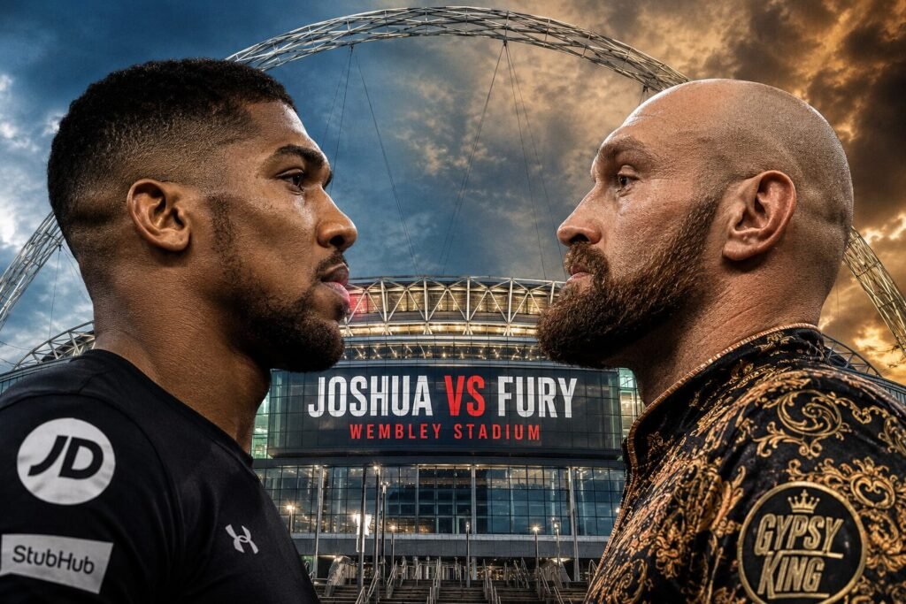 Anthony Joshua and Tyson Fury face off in front of Wembley Stadium as speculation grows over their long-awaited heavyweight showdown.