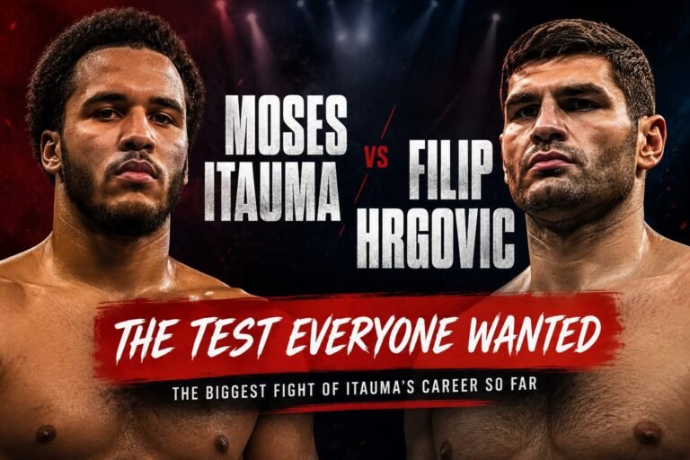 Moses Itauma and Filip Hrgovic face off in a dramatic heavyweight boxing poster promoting their upcoming fight.