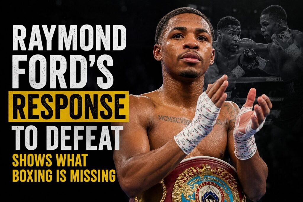 Raymond Ford applauds after defeat while holding a world title belt, with the headline “Raymond Ford’s Response to Defeat Shows What Boxing Is Missing” displayed beside him.