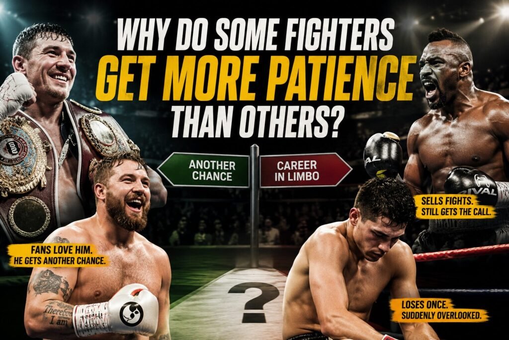 Boxing-themed feature image showing fighters receiving different opportunities after defeat, with a crossroads sign pointing towards another chance or career limbo. The image explores how popularity, marketability and fan support can influence boxing opportunities after defeat.