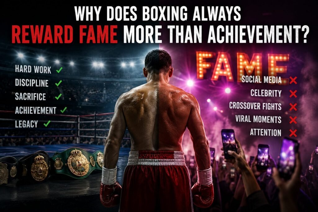 Boxing feature image showing a world champion standing between championship belts and a crowd of fans holding phones, highlighting the debate over whether fame and social media matter more than achievement in modern boxing.