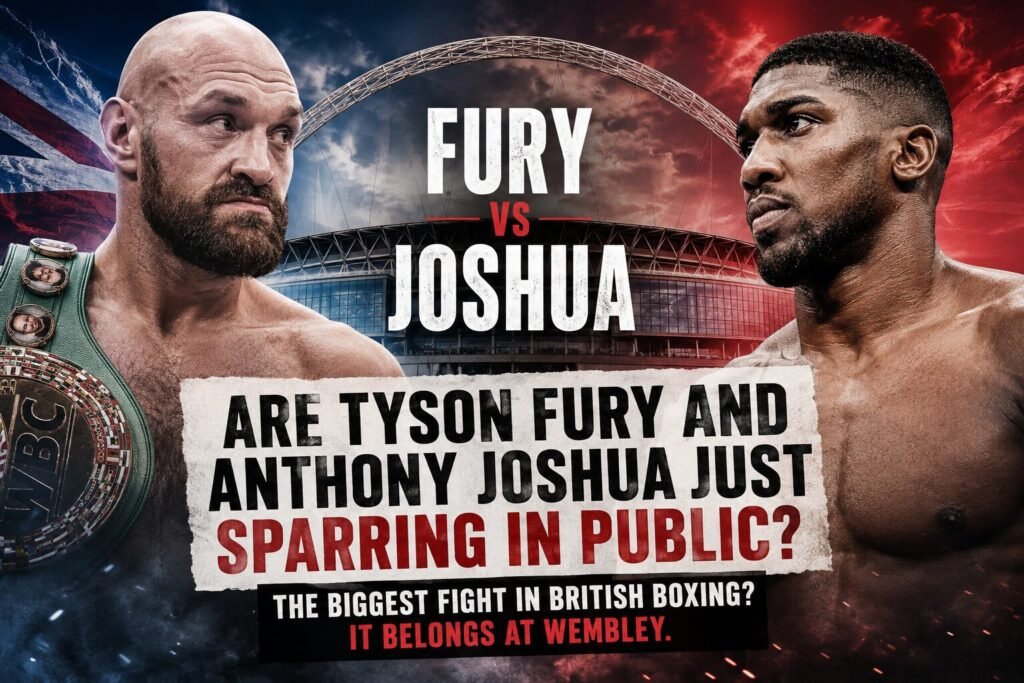 Tyson Fury and Anthony Joshua facing each other against the backdrop of Wembley Stadium, representing the debate over tune-up fights before their long-awaited heavyweight showdown.