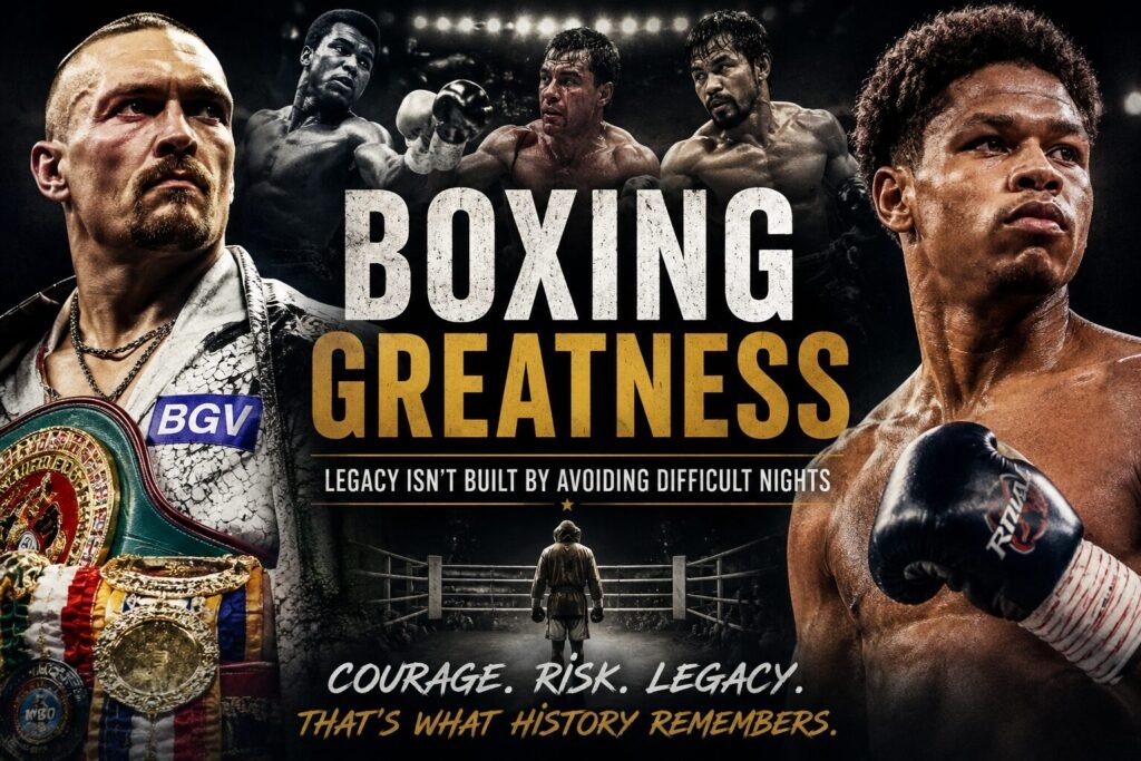 A symbolic boxing image featuring a champion and a rising contender standing either side of a boxing ring, representing courage, legacy and the pursuit of boxing greatness.