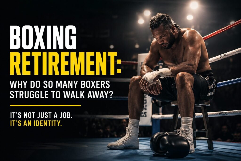 A tired boxer sits alone in the corner of a boxing ring after a fight, reflecting on retirement and the psychological challenge of walking away from the sport.